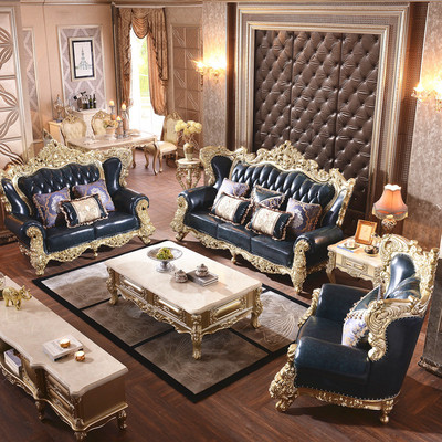 Special Offer wholesale European style genuine leather sofa All solid wood Carved high-grade hotel villa a living room Royal 123 combination