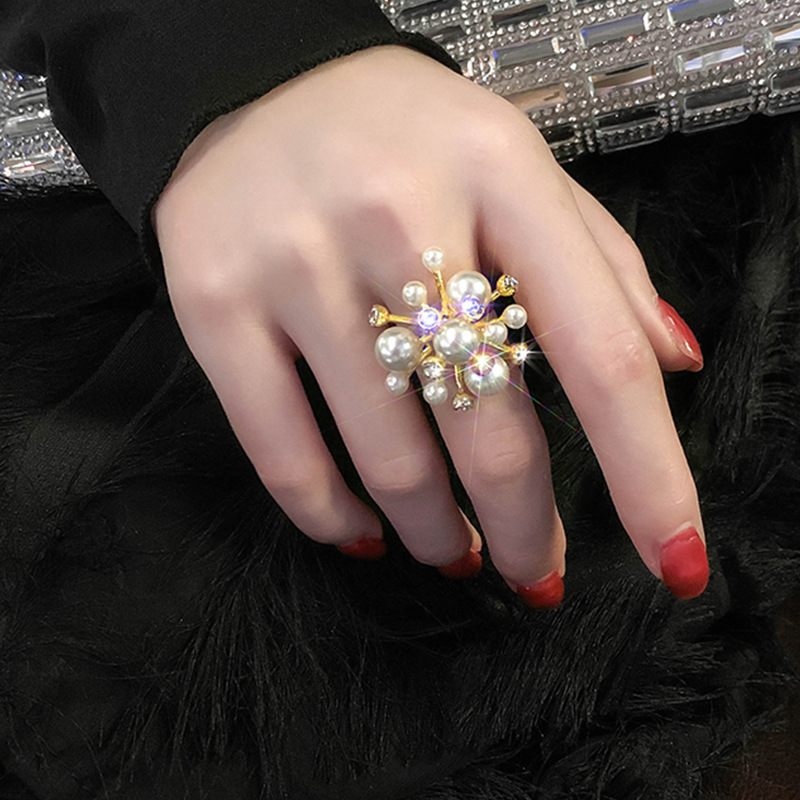 Korean New Fireworks Pearl Rhinestone Ring Opening Ring Wholesale display picture 1