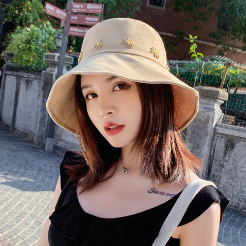 Fisherman summer beach sunhats hat girl chrysanthemum cover face sweet and lovely embroidered student sunscreen cap sun basin cap