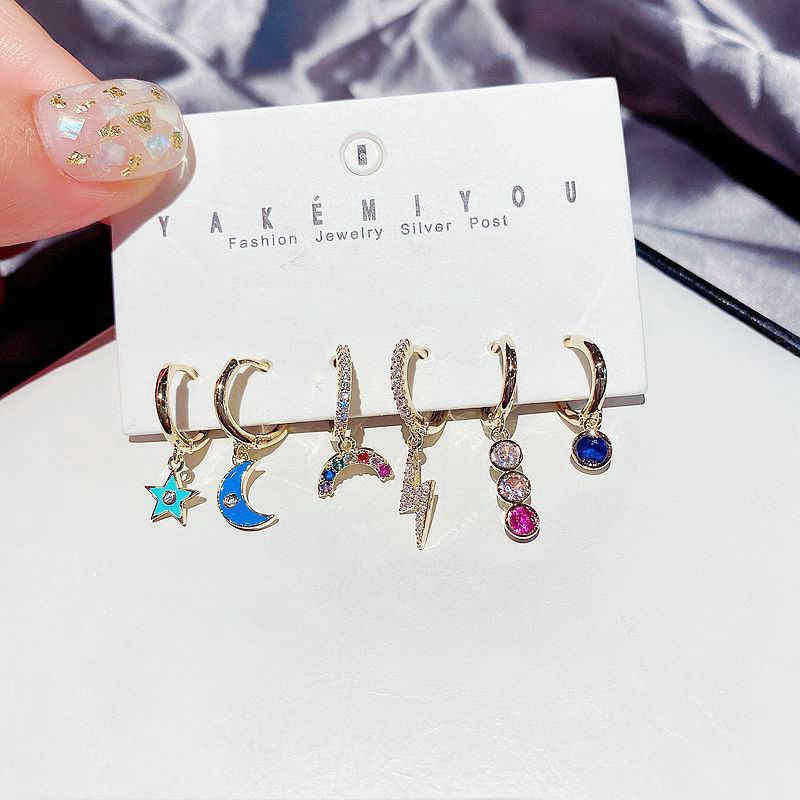 Korea Ear Buckle 6-piece Set Of Oil Star And Moon Rainbow Lightning Zircon Earrings Wholesale Nihaojewelry display picture 2