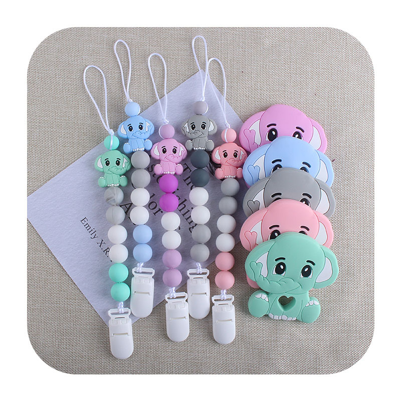 Nuevo clip de pico de pato de plástico elefante mordedor de silicona bebé elefante de silicona Cadena de chupete de juguete molar cadena anti-caída