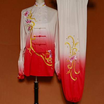 Tai chi clothing chinese kung fu uniforms Red and white gradients golden cane flower transition Taifu training Costume female martial arts performance costume Taiquan group uniform