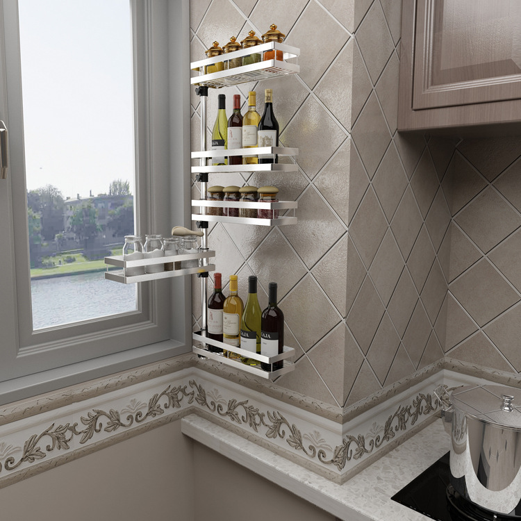 一件代发304不锈钢免钉免打孔多功能转角旋转壁挂厨房调料置物架