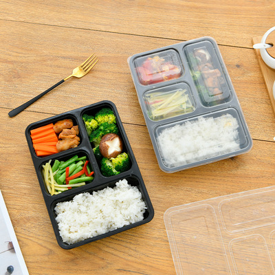 disposable Fourfold Lunch box Multi-grid Plastic black Independent seal up Takeout Box thickening Fast food box American style Box