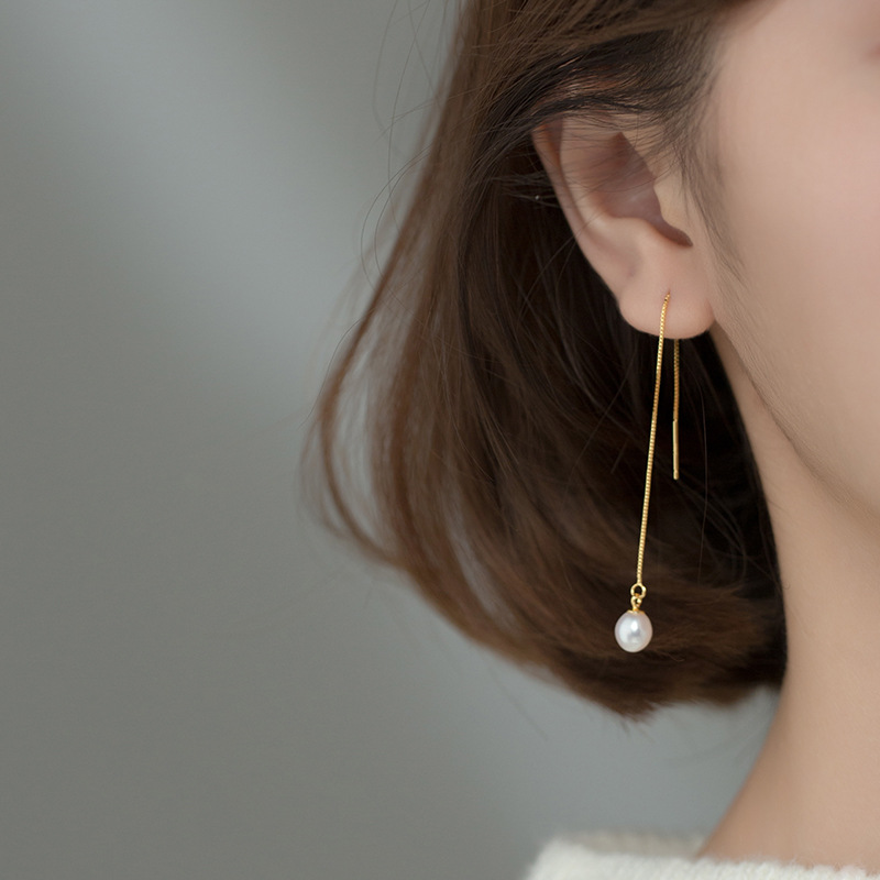 Eloch s925 plata coreana gota de agua dulce perla simple orejas femenina pendientes de orejas largos G7693