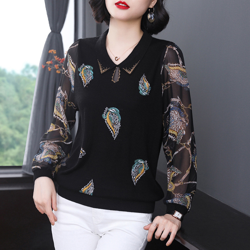 2023 Spring and Autumn New Mother's Long-sleeved Knitted Sweater Lapel Loose Stitching Chiffon Large Size Middle-aged Base Shirt 2023 Spring and Autumn New Mother's Long-sleeved Knitted Sweater Lapel Loose Stitching Chiffon Large Size Middle-aged Base Shirt