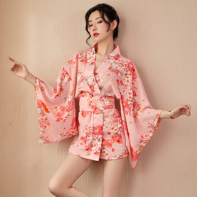 Erotic  couple Lingerie Japanese Style Pink Sakura Kimono Female anchor sexy uniform deep V bathrobe nightclub anime drama cosplay suit