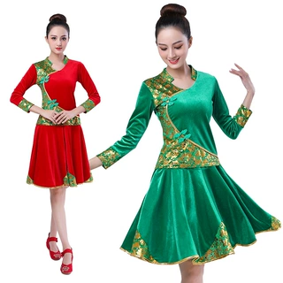 广场舞服装女金丝绒舞蹈衣扇子舞中老年团体演出服舞蹈服套装秋冬
