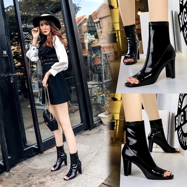 Bright lacquer leather hollow fish mouth boots sexy thin short boots