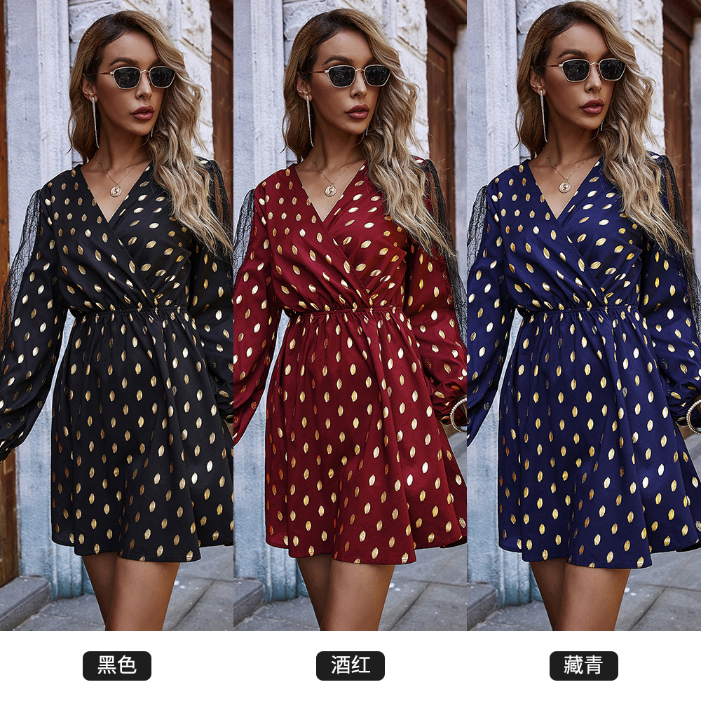 Lace sleeves patchwork black bottom bronzing print autumn and winter dress wholesale NHDF43