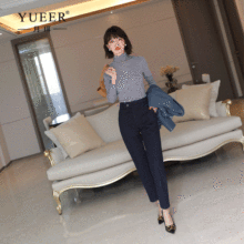 日系女装秋冬新款女休闲裤显瘦压褶呢子烟管裤直筒九分西裤