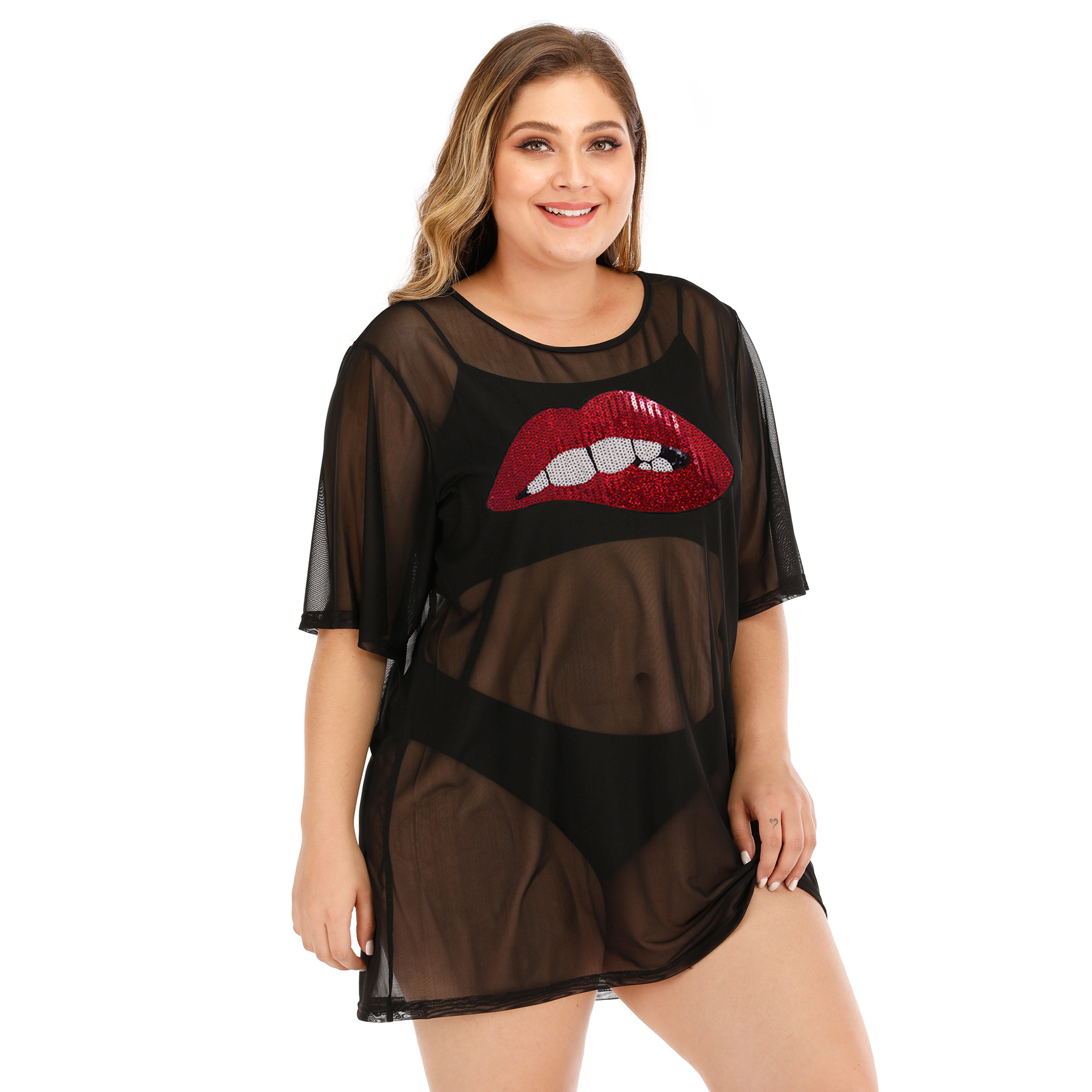 Large Size Sequined Lips Applique Sexy See-Through Mesh Short Simple T-Shirt NSOY27390