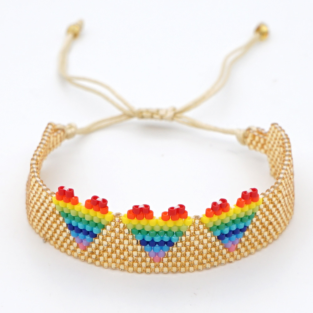 Rice Bead Woven Rainbow Gradient 3 Love Wide Bracelet For Women Wholesale display picture 5