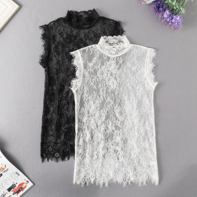 Spring and Autumn Half-high Collar Lace Base Shirt T-shirt Shirt Stacked Sleeveless Lace Shirt Sweater Sweater Decorative Collar