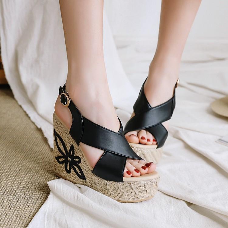 Summer straw apricot sandals platform wedge heel heels
