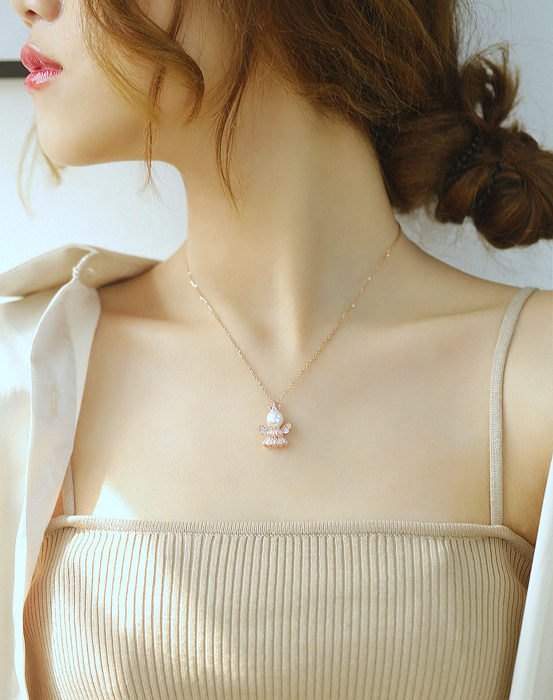 Korean Pearl Diamond Little Princess Angel Lady Necklace display picture 3