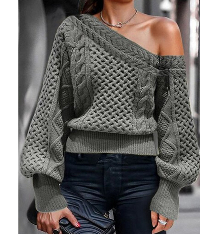 Sexy Slanted Off-Shoulder Knitted Solid Color Lantern Sleeve Pullover Sweater NSGYX84446