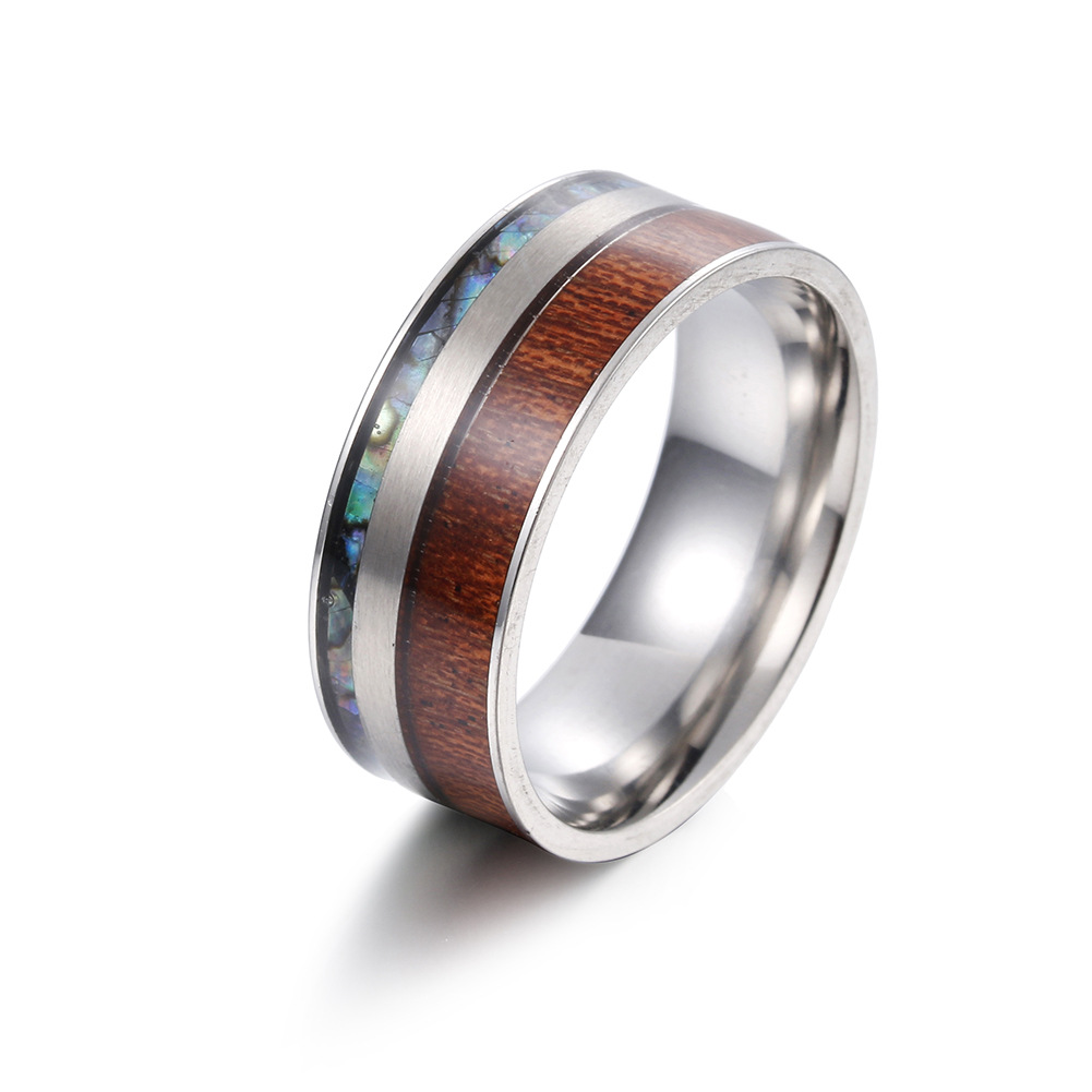 Cross-border 8mm Wide Acacia Wood Plus Abalone Shell Titanium Steel Ring Standard Jewelry Wholesale display picture 6