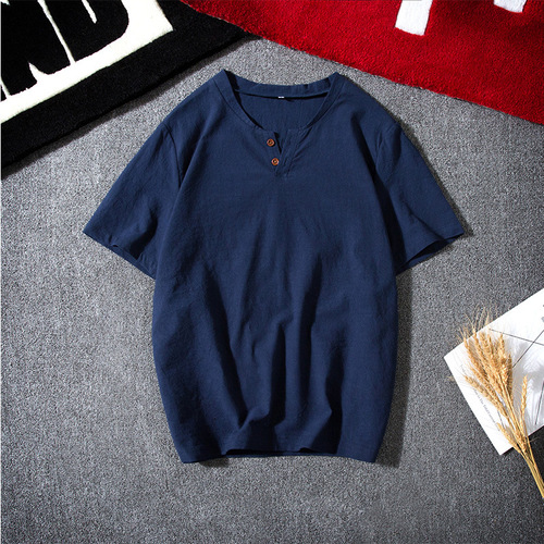Summer Japanese Style Linen Short-Sleeve T-Shirt for Men in Large Size Cotton-Linen Half-Shirt Thin Model T-Shirt with Chinese Style Top for Men
