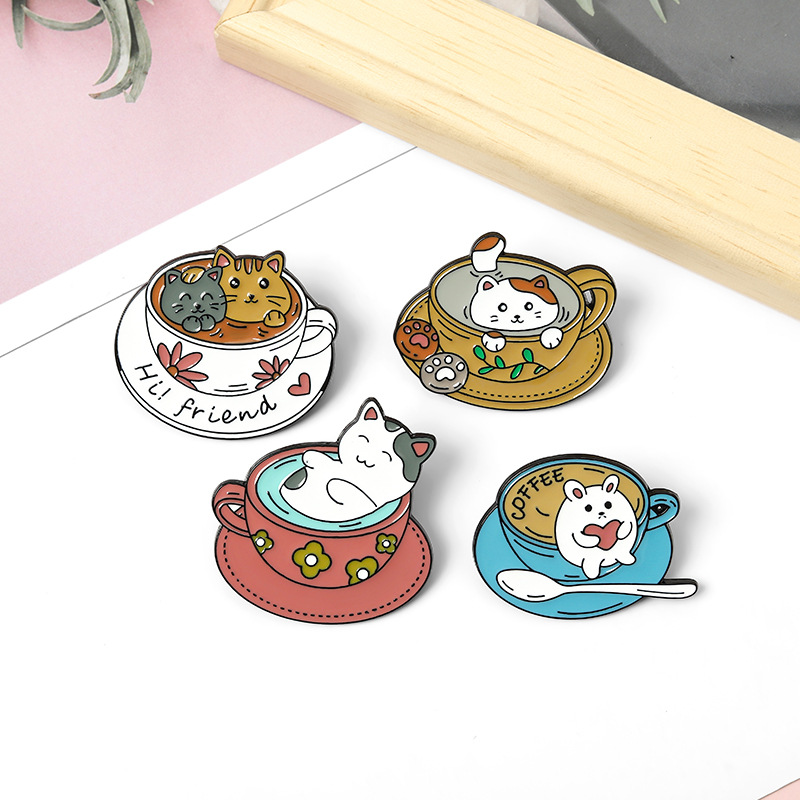 Creative Cartoon Cute Cat Coffee Cup Alloy Brooch display picture 2