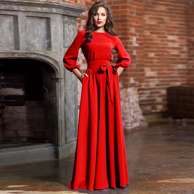 2019 Round Neck Long Dress Bohemian Exquisite Retro Lantern Sleeves Three Season Sleeves Casual Dress Gown