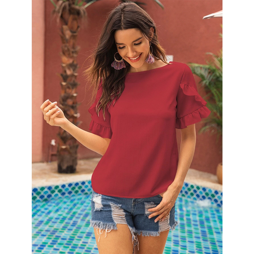 Pure Color Casual Loose Round Neck Ruffle Sleeve T-shirt NSSA39973