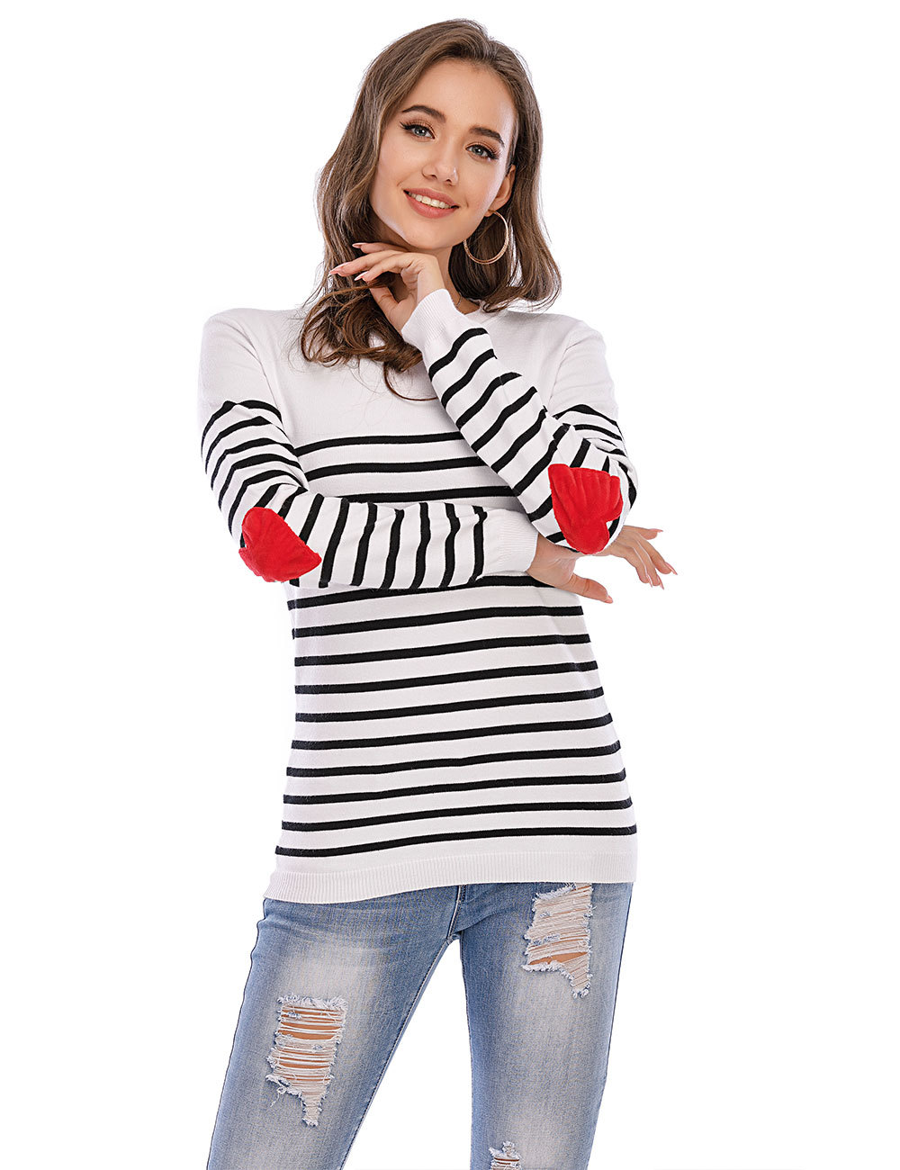 Women Autumn and Winter  Sweater Elbow Love Loose Bottoming Shirt Striped Crew Neck Pullover Sweater Knitted Women in Sweaters