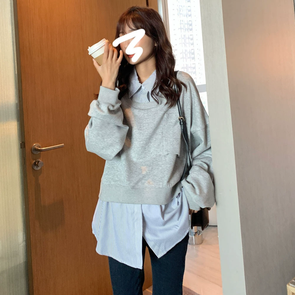 Осеннее новое платье для беременных Корейская модная вышивка Поддельная толстовка из двух частей в западном стиле Горячая мама ранней осени Верхняя одежда Топ