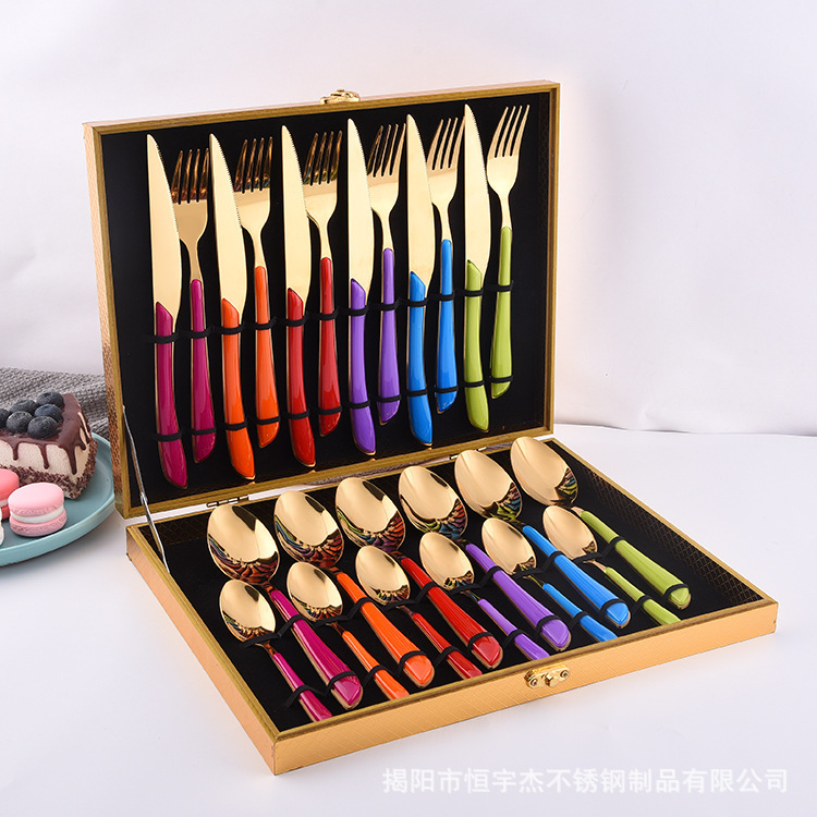 Stainless Steel Tableware 24 Piece Set Wooden Boxed Hotel Western Steak Tableware Rose Gold Plastic Handle Knife, Fork and Spoon suit Stainless Steel Tableware 24 Piece Set Wooden Boxed Hotel Western Steak Tableware Rose Gold Plastic Handle Knife, Fork and Spoon suit