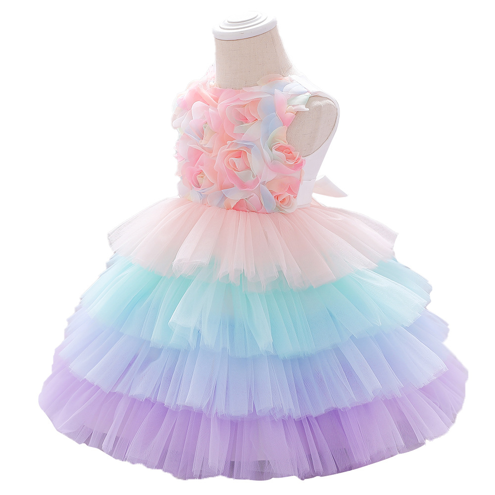 Rainbow Three-Dimensional Petal Colorblock Mesh Cake Dress Princess Dress Sleeveless Dress One-Year-Old Dress Photography Dress