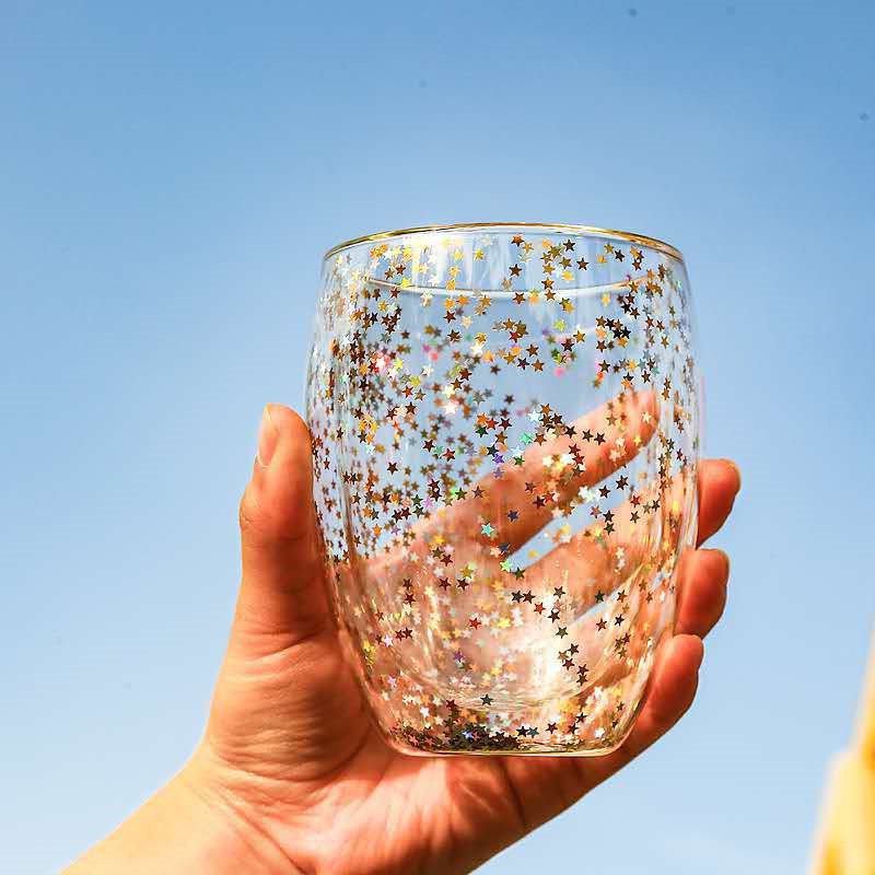 Copa de bebida cielo estrellado brillante de doble capa de vidrio borosilicato de doble capa de vidrio láser estrella de lentejuelas