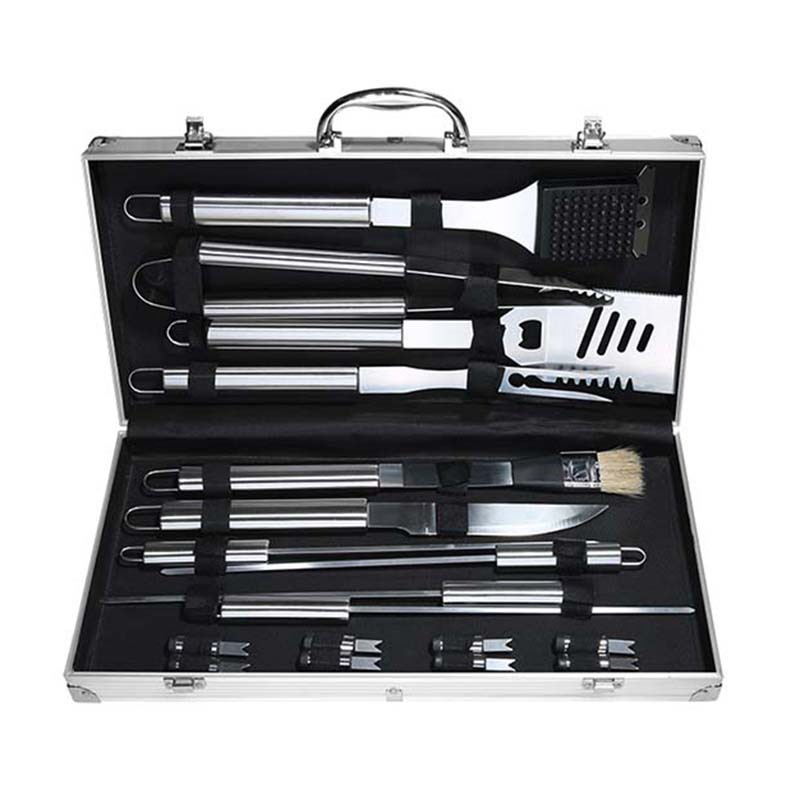 [Fuente de fábrica] de acero inoxidable traje de barbacoa herramientas de barbacoa al aire libre caja de aluminio de 18 piezas Grill en stock