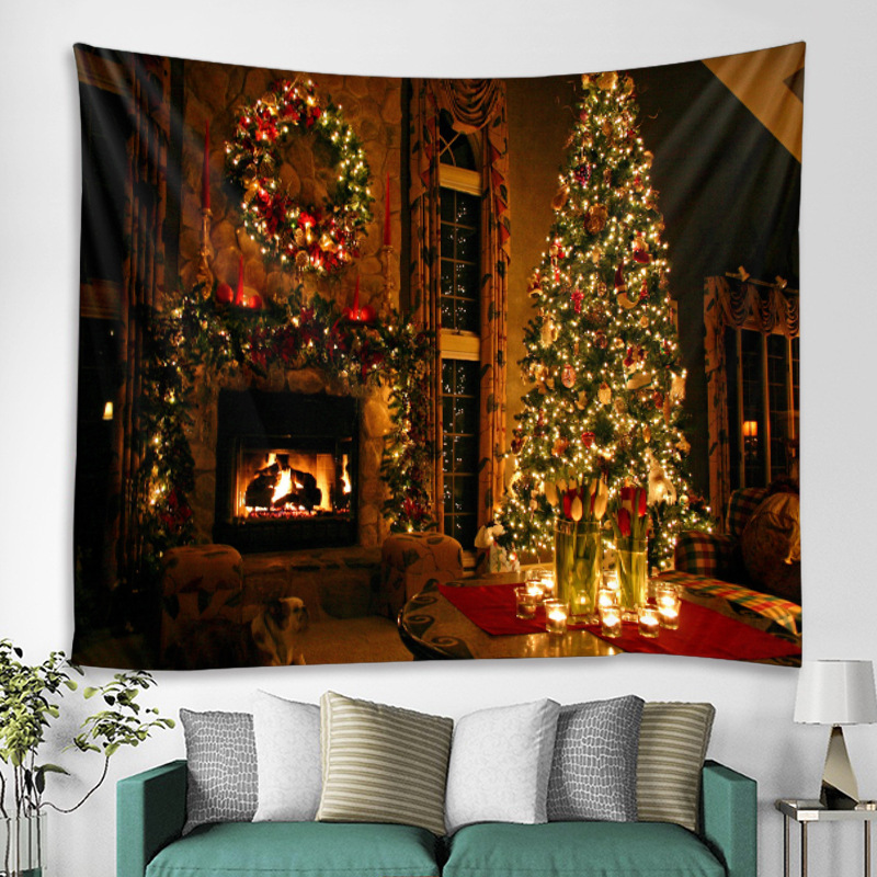 跨境电商现货批发 圣诞节树壁炉背景布ins挂布墙布卧室装饰布挂毯