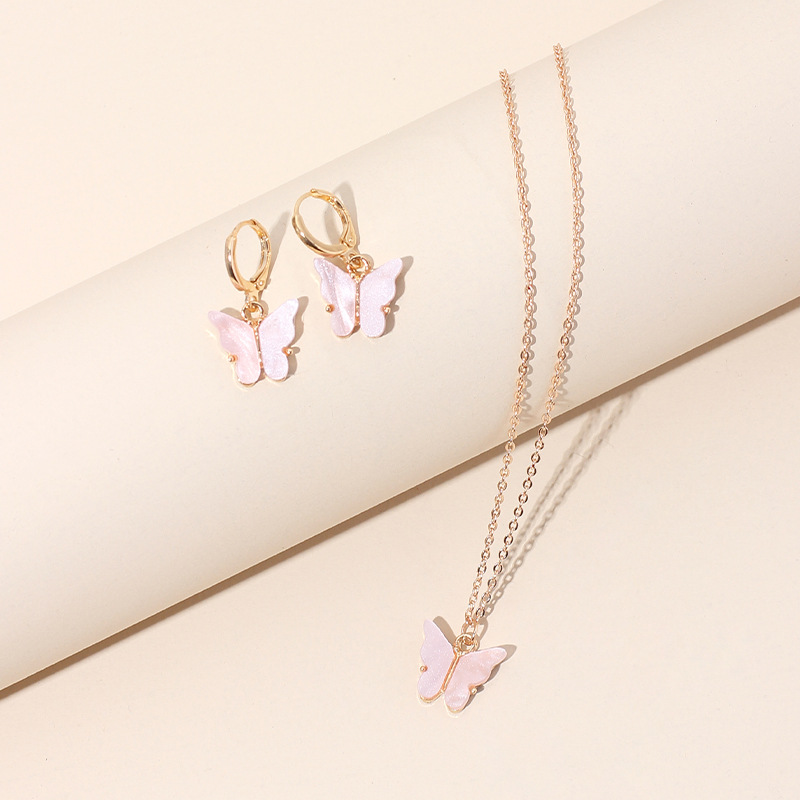 10g Weight Necklace Classification Wedding, Travel Occasion Alloy Material Circle Pattern Women'S Gender Pink, Purple, Green, Yellow Color Girls Fashion Butterfly Pendant Sen Earrings Clavicle Chain Super Fairy Earring Necklace 2