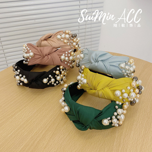 Internet celebrity solid color fabric knotted headband, retro forest girl style large and small pearl hair bundle, simple bow wide-brimmed headband
