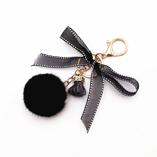 Cute bow keychain lace fur ball bag plush pendant cartoon car key chain small gift accessories