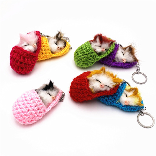 Cute sleeping cat key chain slippers cat plush bag pendant car key chain simulated animal small gift
