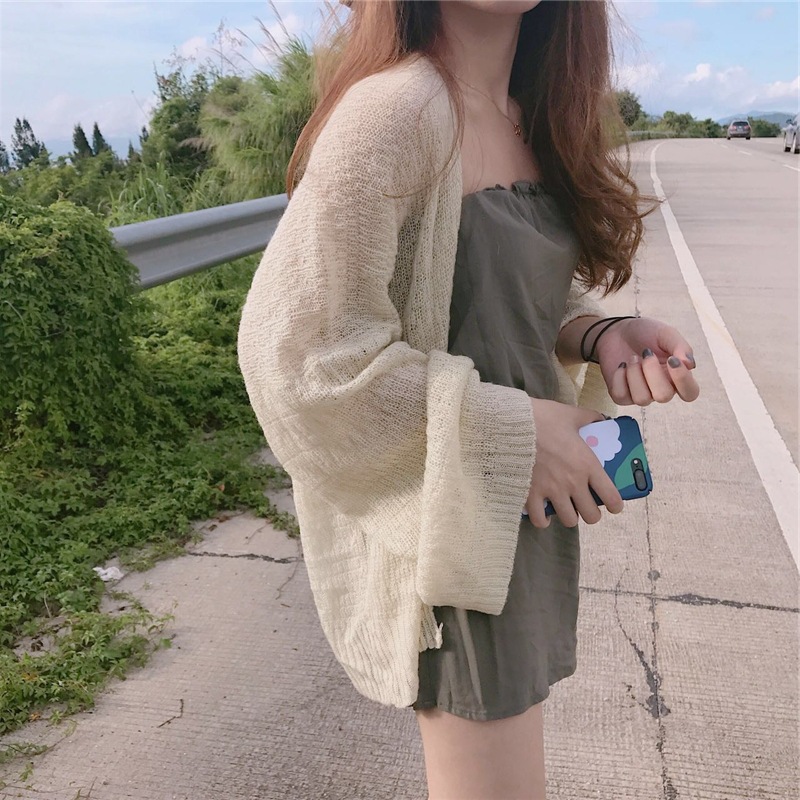 Chaqueta corta de punto estilo coreano, holgada, fina, versátil, adelgazante, con protección solar, para verano 2025, tipo cárdigan de manga larga, camisa tipo chal para aire acondicionado