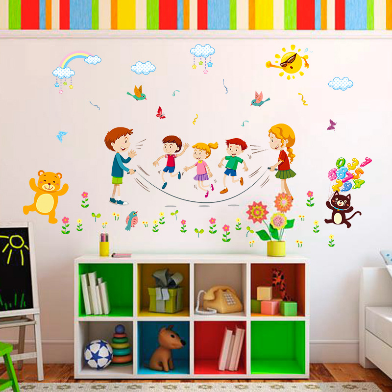 XL7195 Cartoon Happy Rope Skipping Wall Stickers Creative School Sports Ground Wall Decorations Self-adhesive Wall Stickers