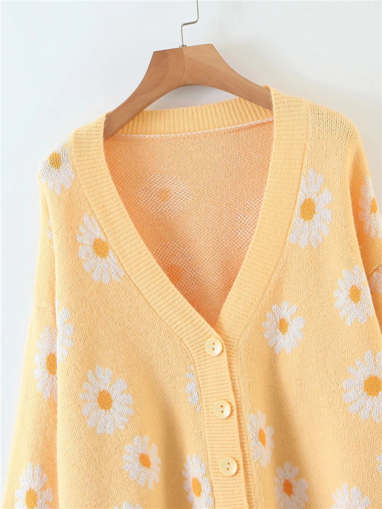 autumn and winter V-neck daisy jacquard cardigan sweater  NSLD15289