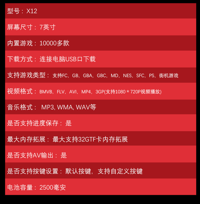 X12Plus双摇杆游戏机 7寸高清大屏PSP掌上游戏机 16G内存支持GBA详情15