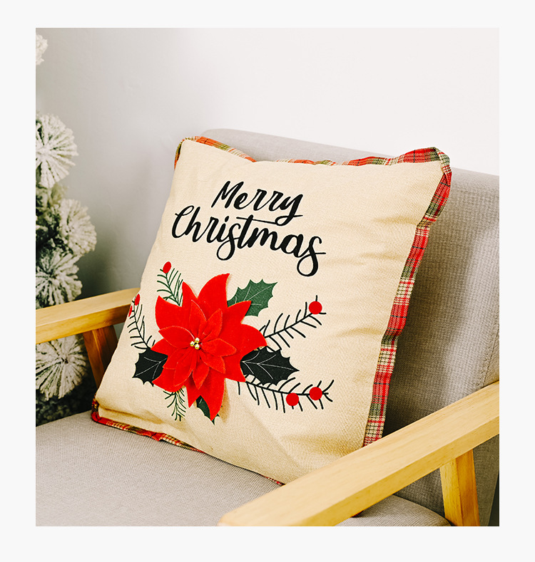 New Christmas Ornaments Big Red Flower Pillowcase Square Pillowcase Linen Pillowcase display picture 3