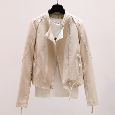 2021春裝新韓版機車服PU皮衣女士短款修身皮夾克簡約立領米色批發