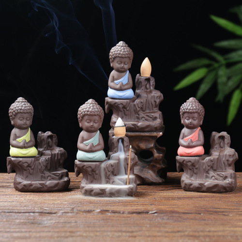 Creative backflow incense burner purple sand little monk mountain running water insert incense line incense burner ceramic incense channel home office ornaments