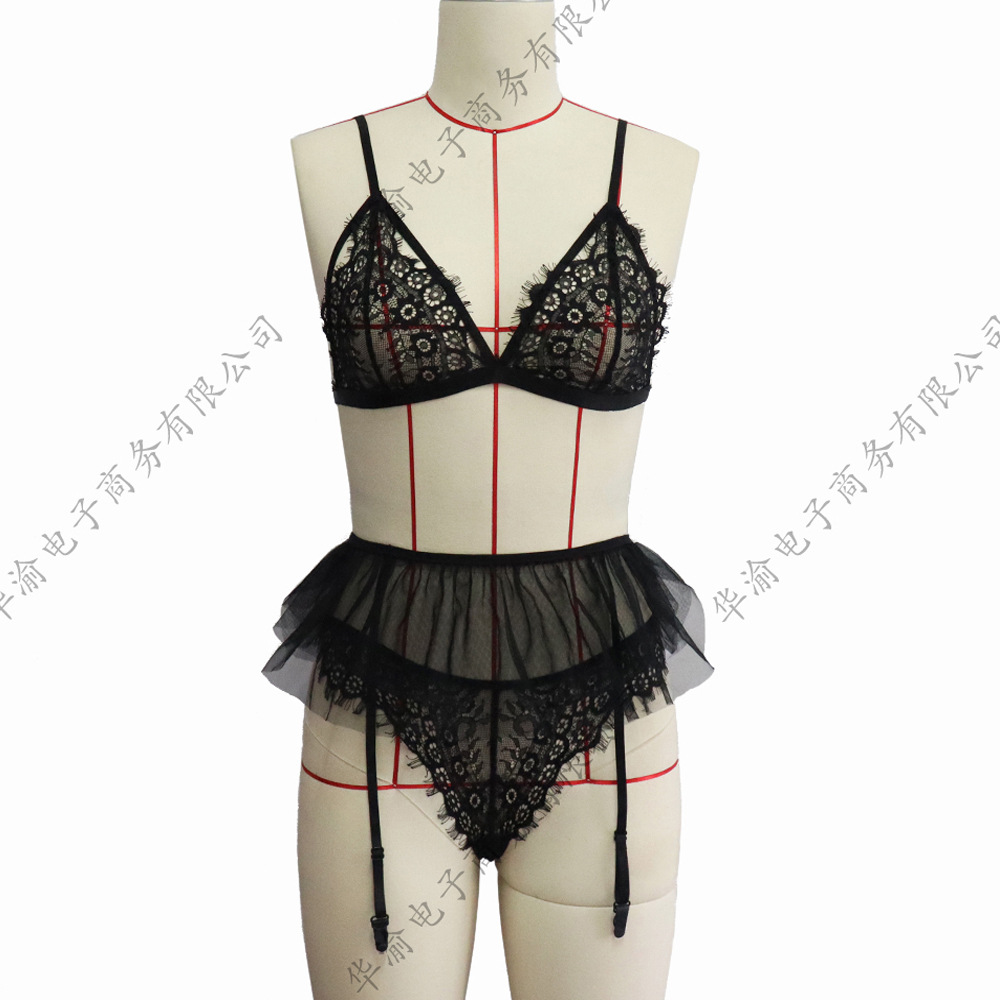 Sexy Underwear Eyelash Lace Three Point Style Spice Suit With Garter Belt Lingerie