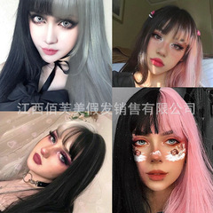 Cross-border cosplay Western-style wigs for women, black and white dual-color yin-yang hairstyle, straight bangs, synthetic hair cap, wholesale