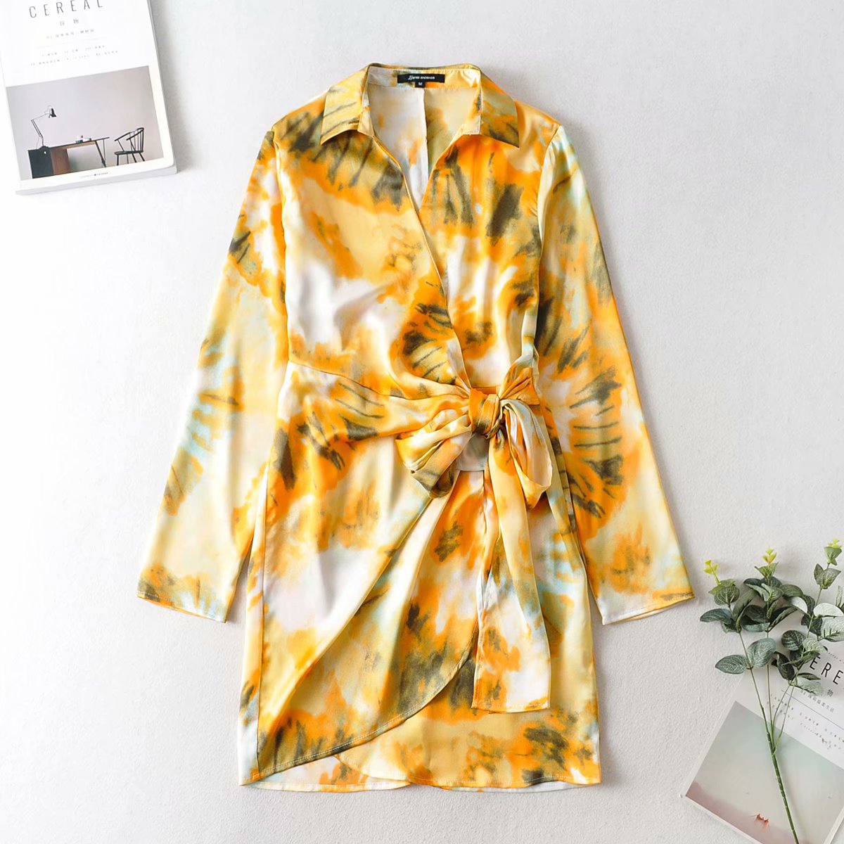 autumn tie-dye long-sleeved v-neck dress  NSAM6857