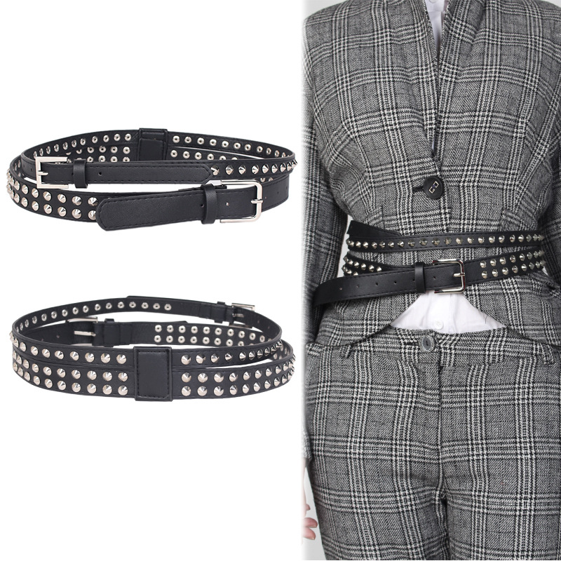 Punk style rivet wide belt female Europe...