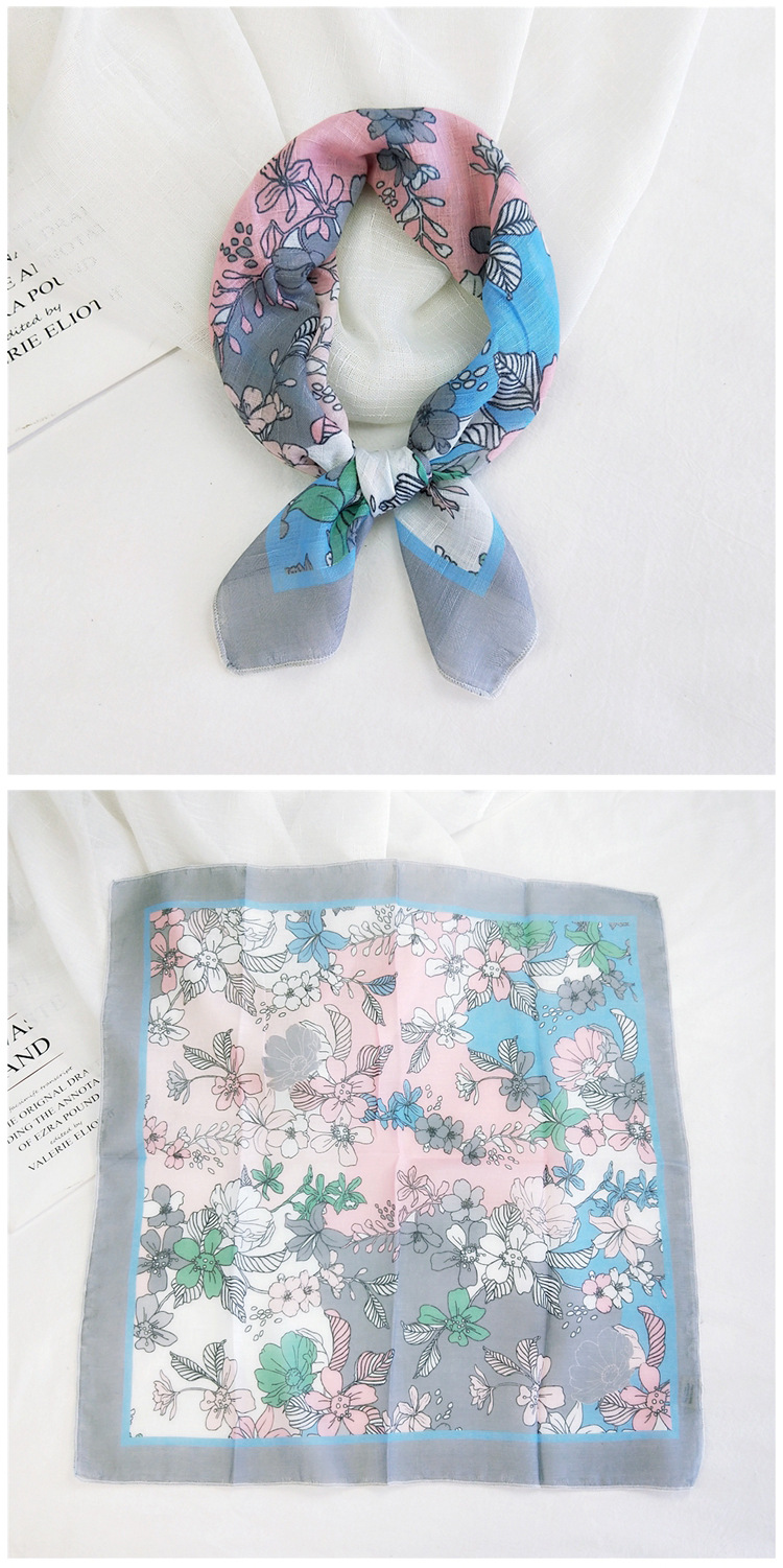 50g Weight Silk Scarf Classification Travel Occasion Unisex Gender Printing Design Sweet Style Grey&Pink, Grey, White, Purple, Green, Blue, Camel, Yellow, Black Color Cotton Linen Small Square Scarf 16
