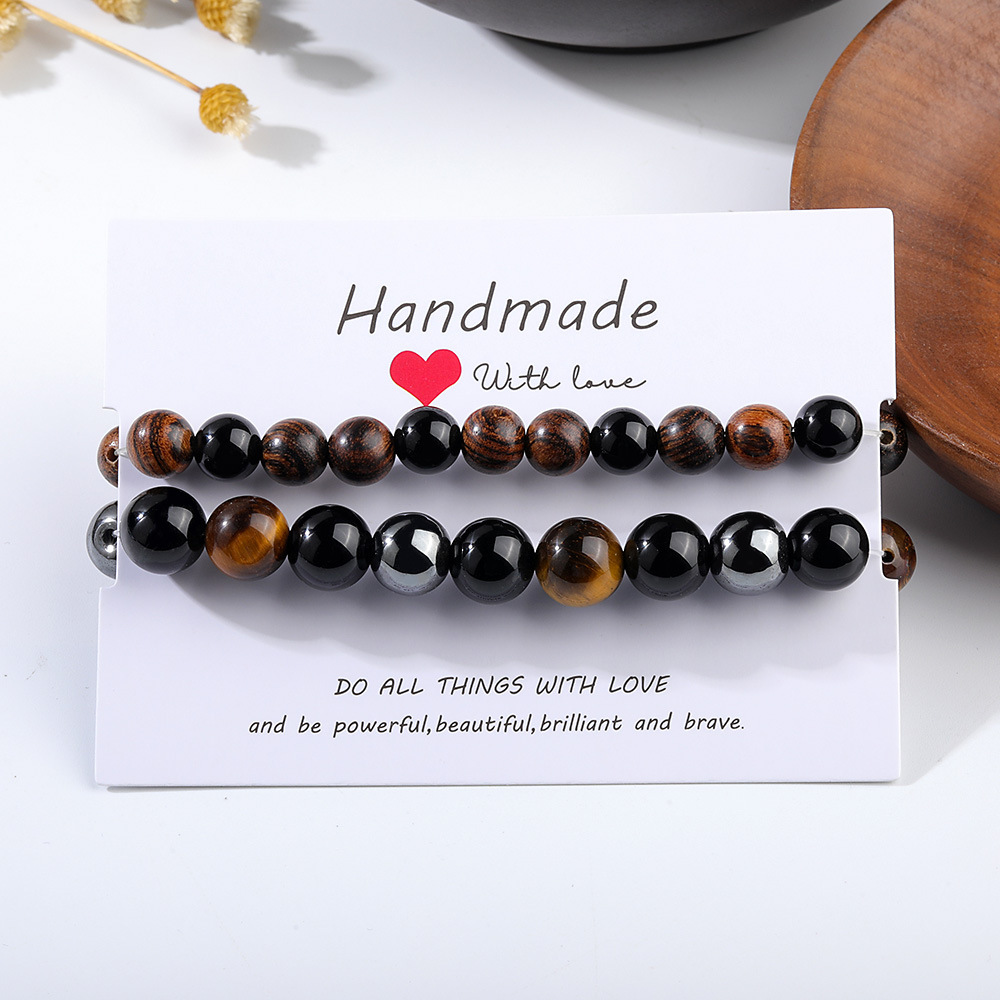 Streetwear Round Natural Stone/Tigereye/Haematite/Iron Ore/Black Glass/Ebony Beaded Men's Bracelets Surgical Gold Plated Jewelry Sets display picture 9